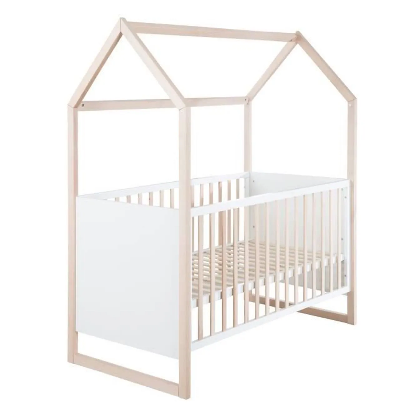 ROBA Lit Bébé Cabane 70 x 140 cm - Convertible + Réglable en Hauteur - Lit Évolutif avec 3 Barreaux Amovibles - Bois Naturel - B